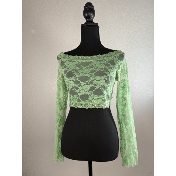 Agaci Too Tops - Agaci Too Green Lace Cropped Long-sleeve Fairy Y2K Top Lg L
